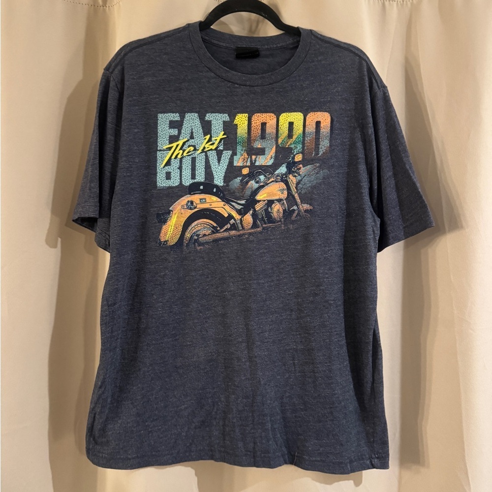Harley-Davidson Fat Boy Navy Tee with Yellow Motorcycle Graphic